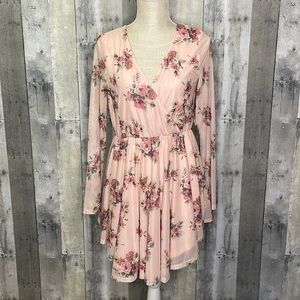 NWT Pale Pink Floral‎ Dress. Sheer Sleeves. Elastic Waist. Asymmetrical Skirt.